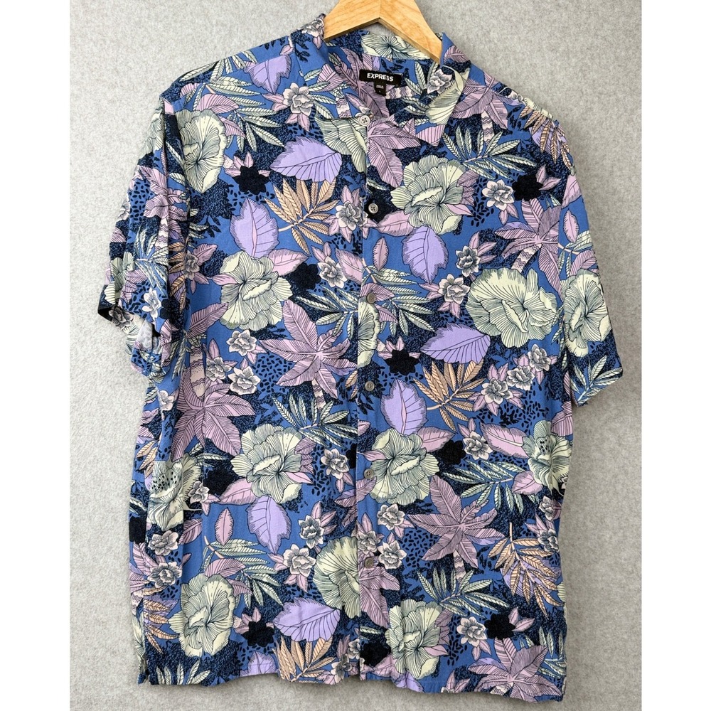 Express Shirt Mens Large Blue Floral Tropical Short Sleeve Button-down Rayon